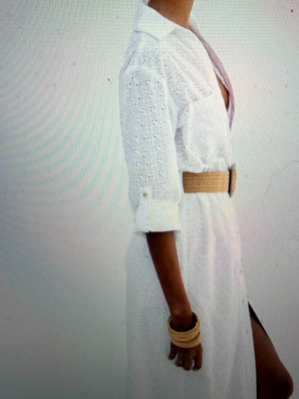 ZARA White Lined Eyelet Belted Button Up Midi Dress Roll Tab Sleeve Sz Lg - Picture 4 of 10